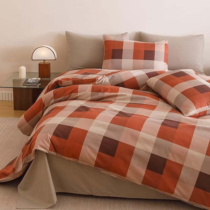 Cottonight Checkered Red Comforter Set Full Gingham Grid Bedding Set Red and Khaki Grid Comforter Fluffy Soft Bedding Set Kids Teens Full Comforter with 2 Pillowcases