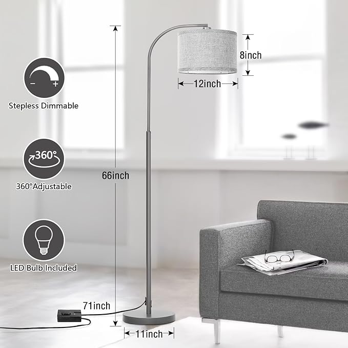 Boncoo Dimmable Floor Lamp, Arc Floor Lamps for Living Room, Stepless Dimmable Standing Lamp with Adjustable Drum Shade, Modern Arched Corner Light for Bedroom, Office, LED Bulb Included