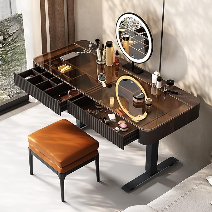 Lartis Vanity Table with Stool,Electric Lift Vanity Desk,Vanity Set，Up and Down Desk, Standing Vanity with Drawer