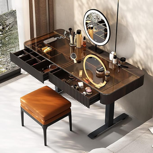 Lartis Vanity Table with Stool,Electric Lift Vanity Desk,Vanity Set，Up and Down Desk, Standing Vanity with Drawer