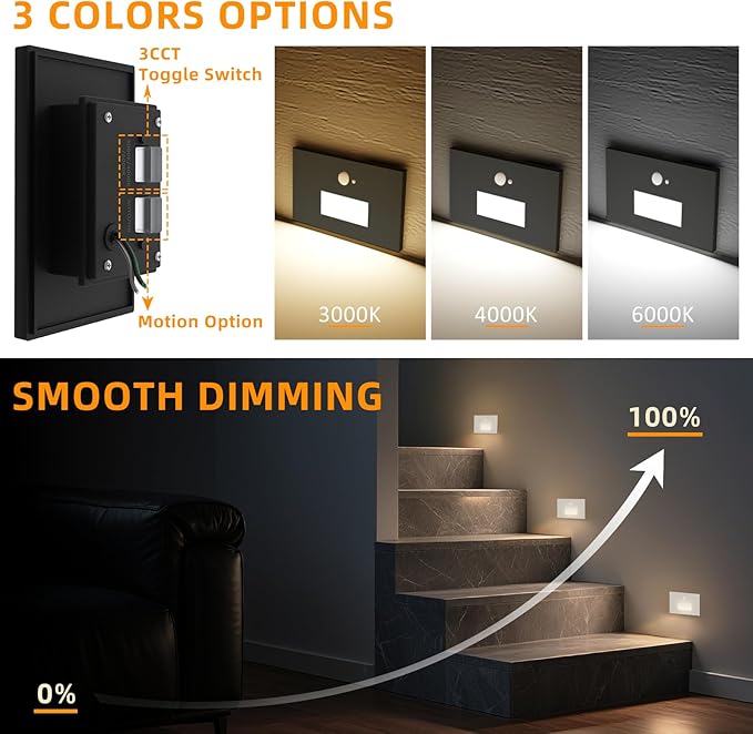 Motion Sensor Stair Lights Indoor Outdoor,Dimmable Motion Activated Step Lamp 3000K/4000K/6000K,Hardwired 120V 3W IP65 Waterproof Outside Stairway Lights,Led Staircase Light- Black