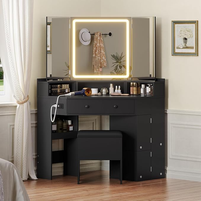 Corner Vanity Desk with Mirror and Lights, Power Outlet & Rotating Shelves, Makeup Vanities with Storage Bench, Drawers, 3 Light Settings, Dimmable for Women Girls, Bedroom, Black