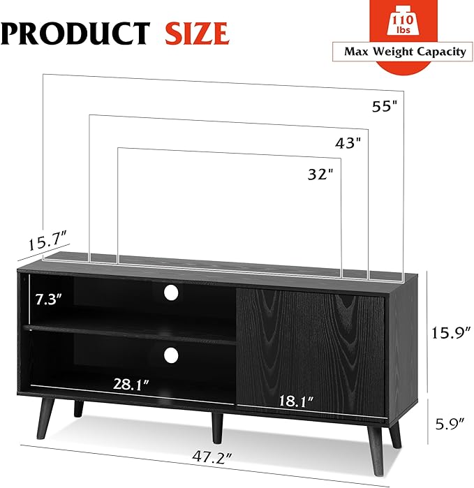 WLIVE TV Stand for 55 Inch TVs, Entertainment Center with Storage Cabinet, Mid-Century TV Stands for Living Room and Bedroom, 50" TV Console, Black