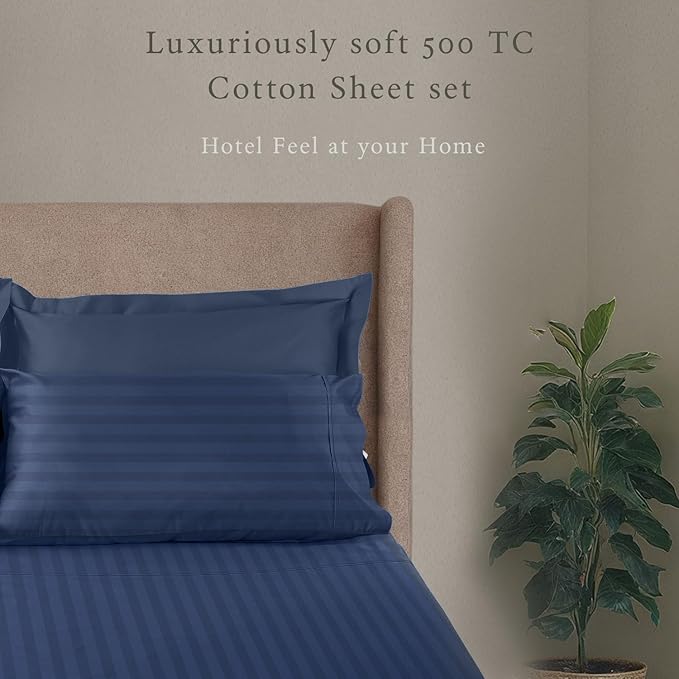 Threadmill 500 Thread Count Twin-XL Size Damask Stripe, 3 Pc Luxury Cotton Bed Sheet Set, Breathable Folkstone Blue Sheets with 15" Elasticized Deep Pocket, 1 Pillowcase & Free Tote Bag
