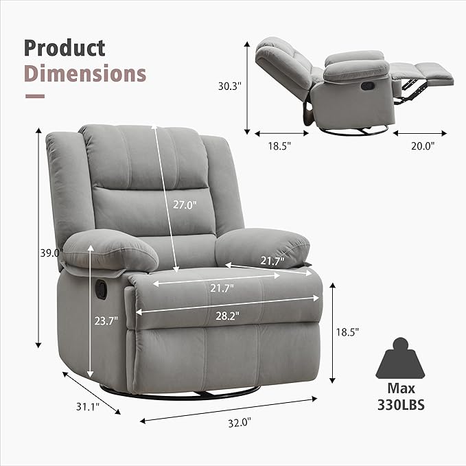 Swivel Rocking Recliner Chair for Adults, Overstuffed Manual Rocker Nursery Recliner Glider, Upholstered Fabric Reclining Single Sofa Chair for Living Room (Light Grey)