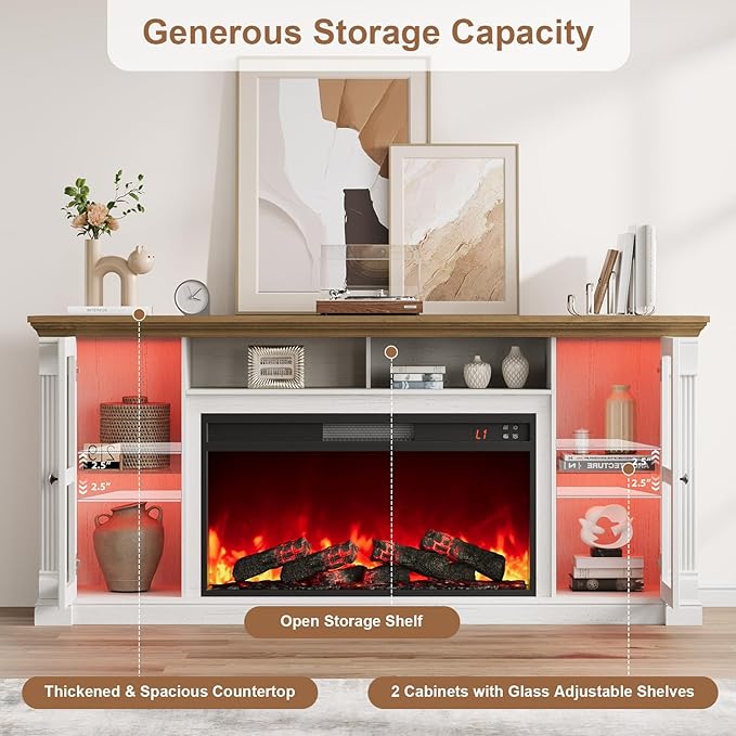 Farmhouse Fireplace TV Stand Up to 80" TVs, 70" Modern Highboy Entertainment Center with 36" Electric Fireplace & LED Lights, Media Console with Adjustable Shelves for Living Room, Antique White