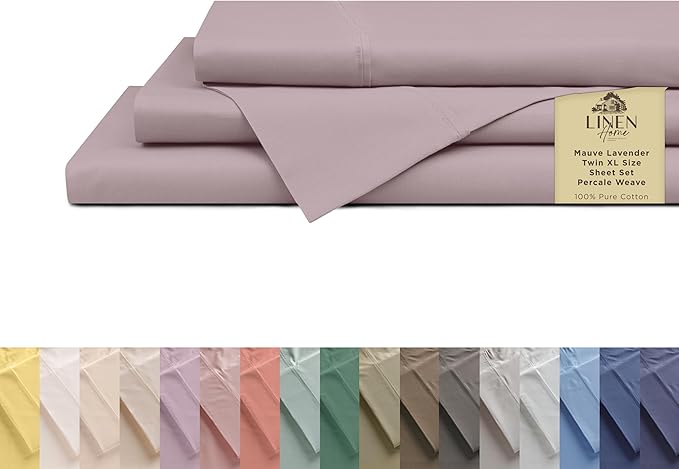Linen Home 100% Cotton Percale Sheets Twin XL Size, Mauve Lavender, Deep Pocket, 3 Pieces Set - 1 Flat, 1 Deep Pocket Fitted Sheet and 1 Pillowcase, Crisp Cool and Strong Bed Linen