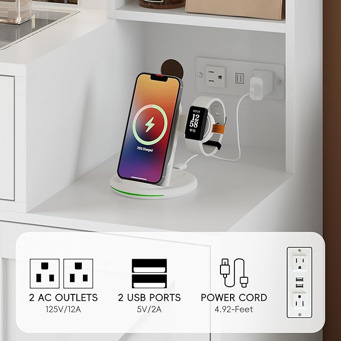 Makeup Vanity Desk with Mirror and Lights, White Vanity Table with LED Lighted Mirror & Power Outlet, Dressing Table with Chair, Large Storage Drawer & Cabinet, and Foldable Panel for Girls’ Bedroom