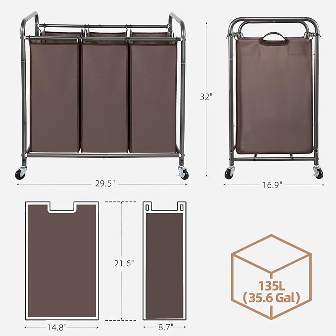 STORAGE MANIAC 3 Section Laundry Sorter, 35.9 Gal (136 L) Laundry Hamper Cart with Heavy Duty Rolling Lockable Wheels and Removable Bags, Clothes Organizer Basket Clothes Separator Hamper, Brown