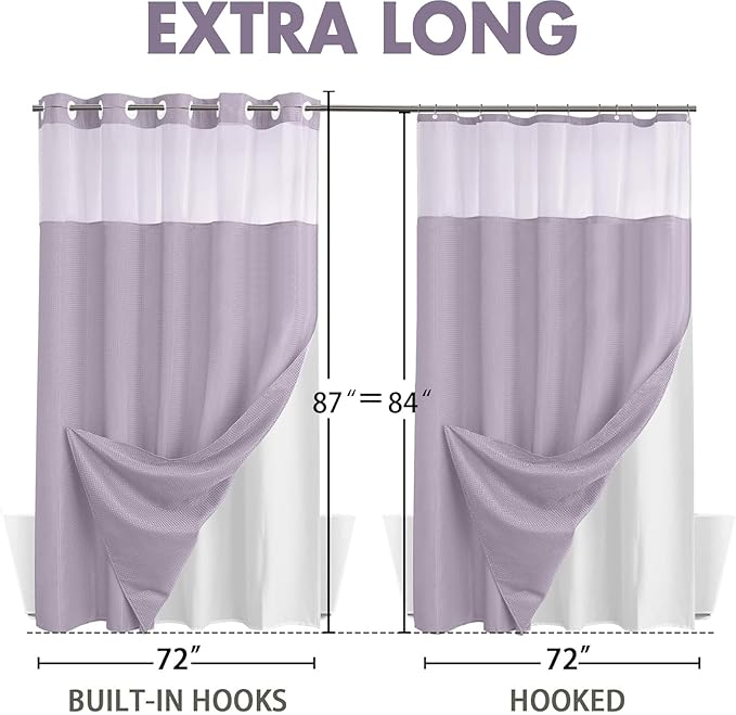 YellyHommy No Hook Shower Curtain with Snap in Liner Set Less Time Waffle Shower Curtain for Bathroom (Lavender, 87" L x 72" W)