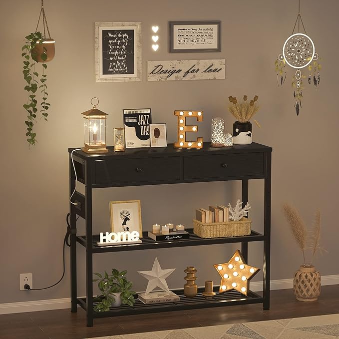 Ecoprsio Entryway Table with Outlets and USB Ports, Console Table with 2 Drawers, Small Sofa Table with Storage Shelves for Living Room, Couch, Hallway, Foyer, Kitchen Counter, 32'', Black