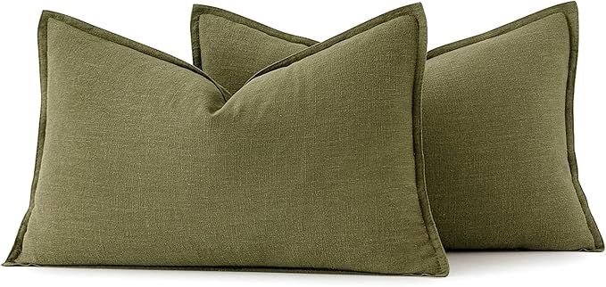 MIULEE Decorative Linen Pillow Covers 12x20 Inch Green Boho Farmhouse Neutral Couch Throw Pillows for Bed Pack of 2 Accent Outdoor Pillowcase Modern Sofa Cushion Livingroom Home Decor