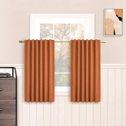 100% Blackout Kitchen Curtains Back Tab Rod Pocket Linen Curtain Burnt Orange Thermal Insulated Textured Short Black Out Curtains for Small Window 2 Panels Set 52Wx54L Terracotta