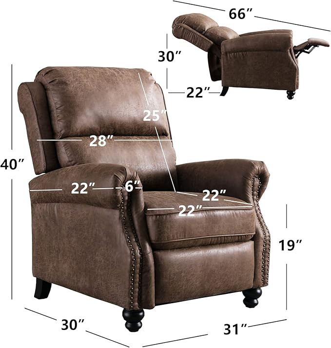 CANMOV Pushback Recliner Chair Faux Leather Armchair Push Back Recliner with Rivet Decoration Single Sofa Accent Chair for Living Room, Chocolate