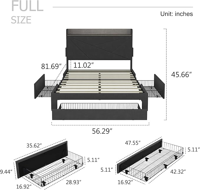 Bed Frame Full Size with 3 Drawers, Upholstered Full Size Bed Frame with Storage Headboard, AC USB & Type C Charge Station, Wooden Support Slats No Box Spring Needed Easy Assembly, Grey