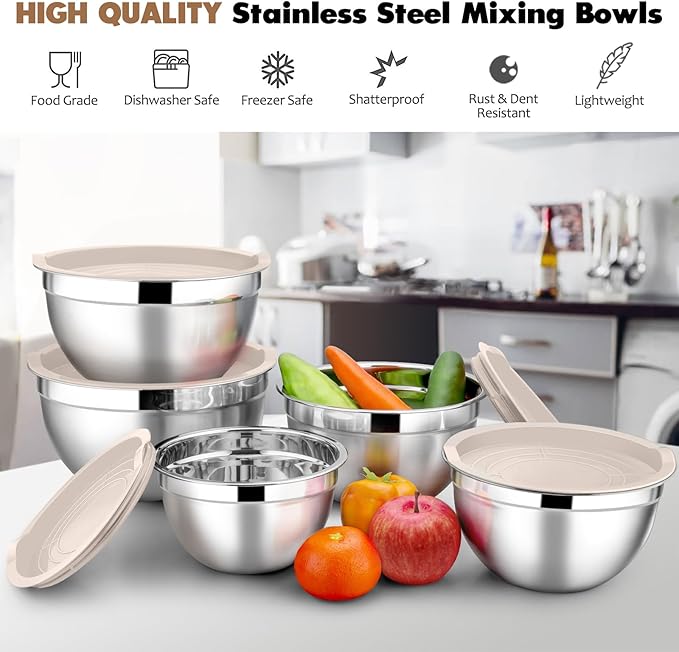 E-far Stainless Steel Mixing Bowls with Lids, 5-Pack Metal Nesting Bowls with Airtight Covers for Cooking, Baking, Serving, Storage, Non-toxic & Dishwasher Safe, Size 4.6/3/1.5/1/0.7QT - Khaki