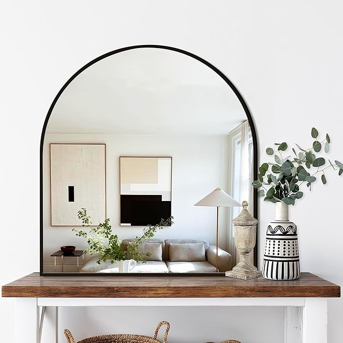 FICTOR Bathroom Vanity Mirror for Wall,32”x30” Arched Metal Framed Bathroom Mirror for Over Sink,Entryway,Living Room,Bedroom(Black)