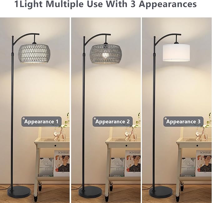 Arc Floor Lamp for Bedroom, Boho Standing Lamp with Remote & LED Smart Bulb, Rattan Floor Lamps for Living Room with 3 Color Temperatures, Height Adjustable Corner Tall Lamp, Stand up Light for Office