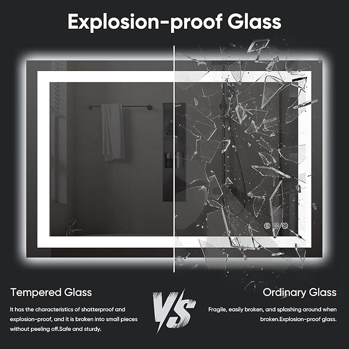 Antok 32"x 48" LED Bathroom Mirror with Lights, Anti-Fog, Dimmable, Lighted Vanity Mirror with Tempered Glass, Memory Function, 3 Light Modes, Safe Use, Horizontal, Vertical