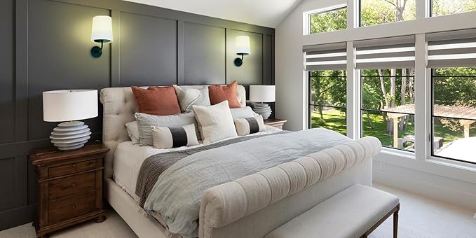 HEQIQEH Rustic Vintage Battery Operated RGB Wall Sconce Light Fixture with Remote Control, Flared Funnel Linen Fabric Shade Dimmable Nightstand Lamps for Bedroom, Set of 2 (Black-2)