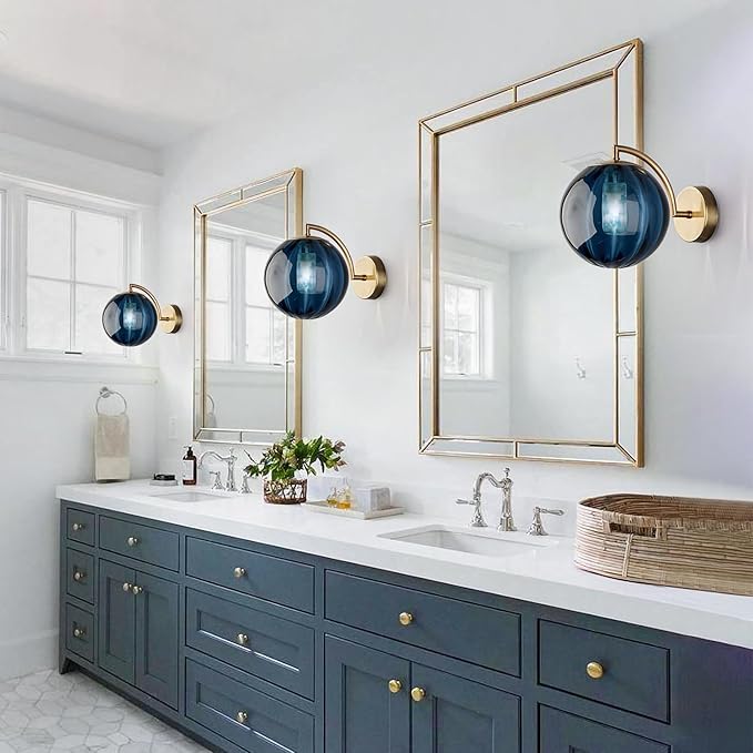 KCO Lighting Vintage Blue Glass Wall Sconce Brushed Gold Wall Sconces Mid Century Modern Globe Vanity Light Round Wall Mounted Light Fixture for Bedroom Bathroom Hallway
