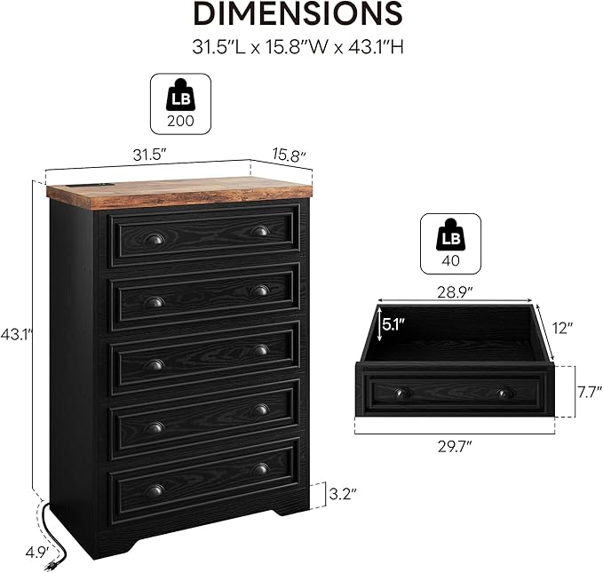 LIKIMIO 43" Tall 5 Drawers Dresser for Bedroom, Power Strip, Farmhouse Large Wood Dressers & Chest of Drawers with Wide Storage Cabinet, Black