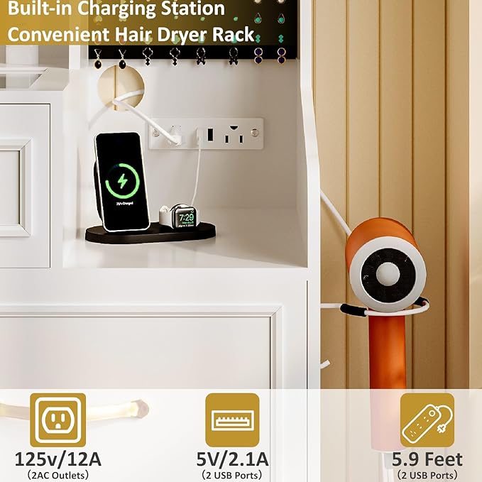 Makeup Vanity Desk with Mirror and Lights,Glass Top Dresser with Charging Station,Vanity Table with Storage and Jewelry Stand,Dressing Table,edroom Makeup Desk for Women,White