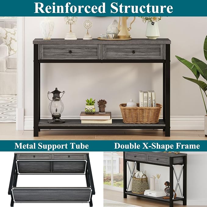 BON AUGURE Sofa Table with Drawers, Console Tables for Entryway, Sofa Table with Storage, Couch Tables for Living Room, Hallway, Foyer, Entry (Dark Grey Oak, 47 Inch)