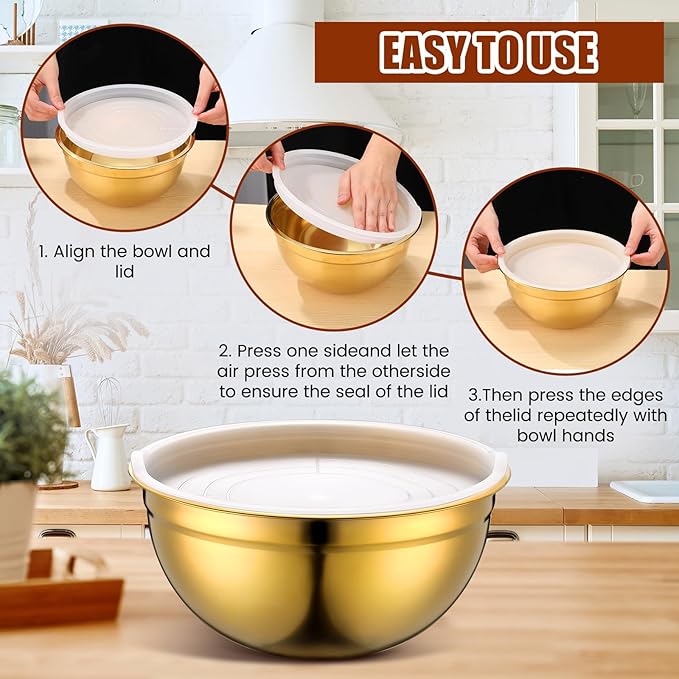 Gold Mixing Bowls with Airtight Lids Stainless Steel Mixing Bowl Set of 5, 4 Metal Nesting Organizers 4 in 1 Colander Non-slip Bottom Size 1.5, 2.0, 2.5, 4.0 Qt for Baking Serving Food