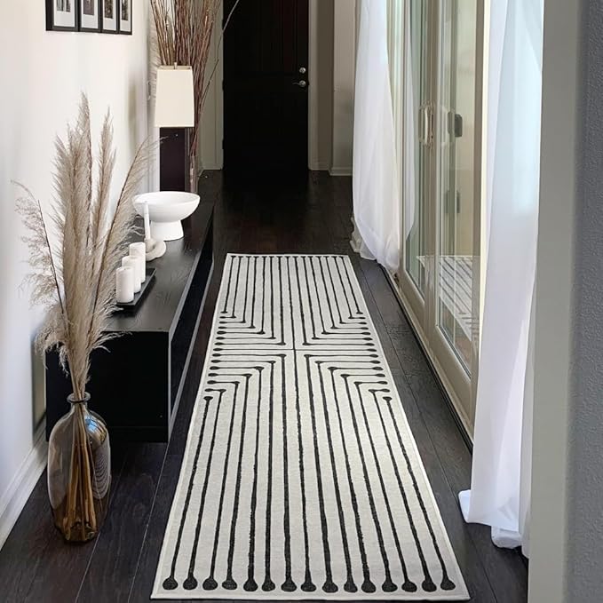 RUGGABLE x Jonathan Adler Machine Washable Modern Runner Rug – Inkdrop Black & Ivory 2.5x7, Stain-Resistant, Non-Slip – Washable Rug for Hallway, Entryway, Living Room & Kitchen–with Standard Pad