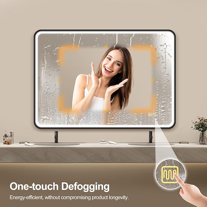 LED-Bathroom-Mirror-with-Lights, 40"x28" Wall-Mounted with Anti-Fog, 3 Colors Dimmable Light, Waterproof, Tempered Glass, Black Framed