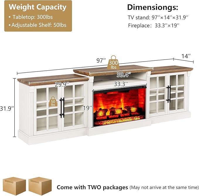 97" Farmhouse TV Stand with 33" Fireplace for TVs up to 100", Media Entertainment Center with Large Storage Cabinet and Adjustable Shelves for Living Room, White/Barnwood