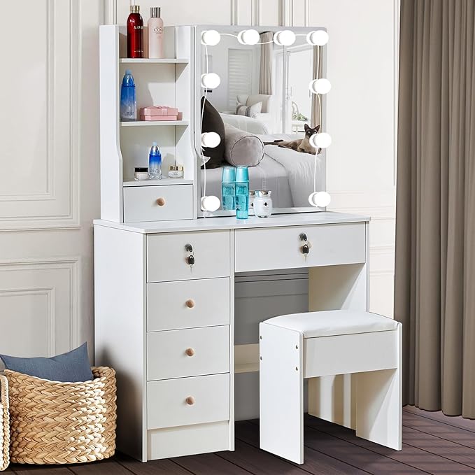 Makeup Vanity with Sliding Mirror and Lights in 3 Colors, Vanity Table with 6 Storage Drawers and Multiple Shelvers, Dressing Table with with Cushioned Stool for Bedroom, White