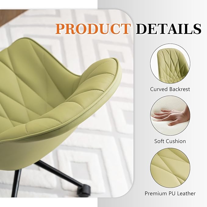 Rowill Modern Office Chair - Ergonomic Swivel Leather Desk Chair with Curved Backrest, Height Adjustable Rolling with Wheels, Perfect for Study Room & Office, Avocado Green
