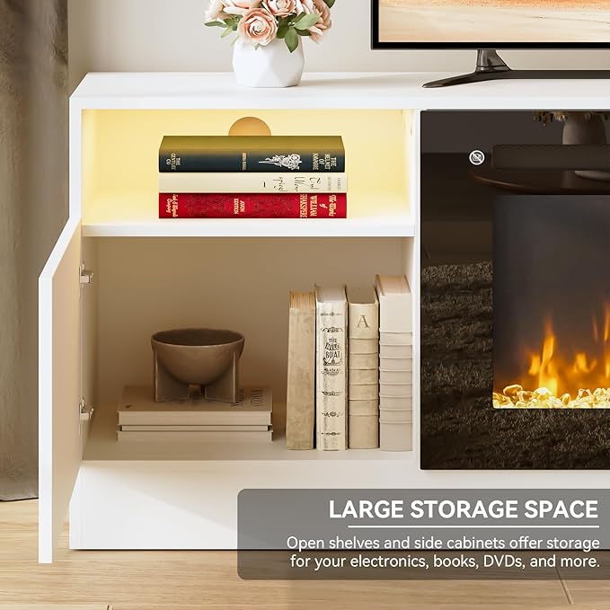 oneinmil 70" TV Stand with 36" Electric Fireplace, Large Modern Media Entertainment Center with Storage Cabinet and 12 Colors LED Lights for TVs Up to 80", White and Black