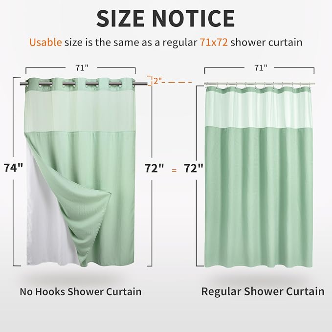 River Dream Heavyweight No Hooks Required Dotted Waffle Weave Shower Curtain with Snap in Liner - 71W x 74H,Hotel Grade,Spa Like Bath Curtain,Green Light