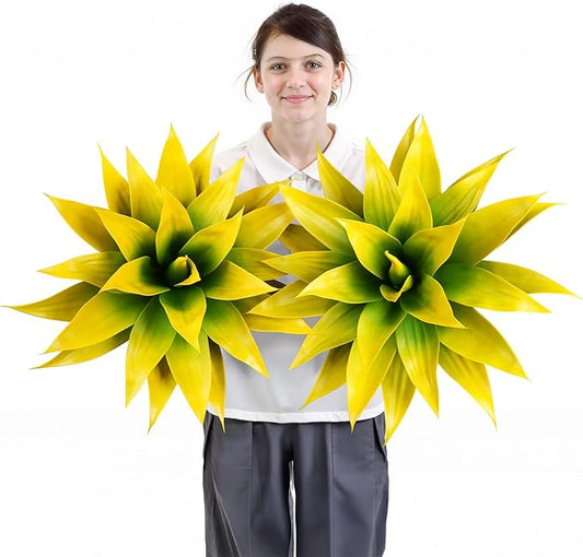 Velener Artificial Agave Plant Set, 28 Inch, Faux Aesthetic Plants for Home Decor, Realistic UV Resistant Fake Yellow Agave Plants Without Pot, Set of 2
