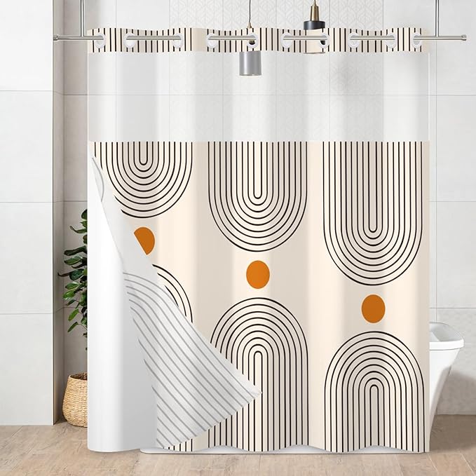 No Hook Shower Curtain with Snap in Liner, Boho Mid Century Modern Arch Heavy Duty See Through Window Waterproof Machine Washable Bathroom Curtain 71" W x 74" L (Pack of 1)
