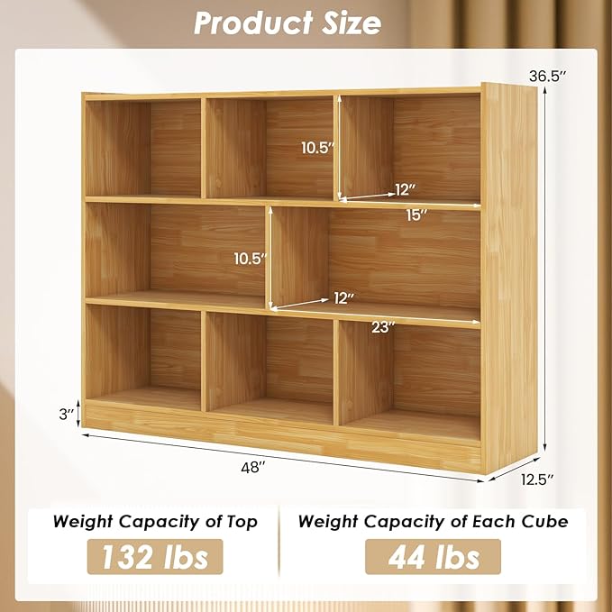 Toy Storage Organizer, 3-Tier Kids Bookshelf, 8 Cube Kids' Bookcases, Cabinets & Shelves, Wooden Toy Organizers, Small Book Shelf for Bedroom, Playroom, Classroom, Nursery (Burlywood)