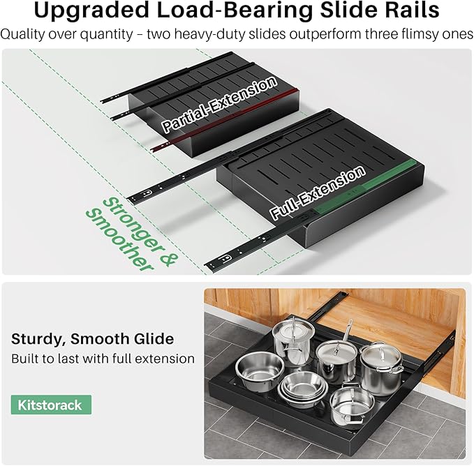 Pull out Cabinet Organizer, Wider Expandable(14"-24") Heavy Duty Slide out Drawers Fixed with Adhesive Nano Film for Pots and Pans, Roll out Shelf Storage for Kitchen Base Organization(Black)