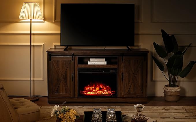 AMERLIFE Fireplace TV Stand with Sliding Barn Door for TVs up to 65", Farmhouse 59" Fireplace Entertainment Center with Storage Cabinets/Adjustable Shelves, Dark Walnut
