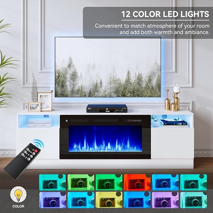 oneinmil 70" TV Stand with 36" Electric Fireplace, Large Modern Media Entertainment Center with Storage Cabinet and 12 Colors LED Lights for TVs Up to 80", White and Black
