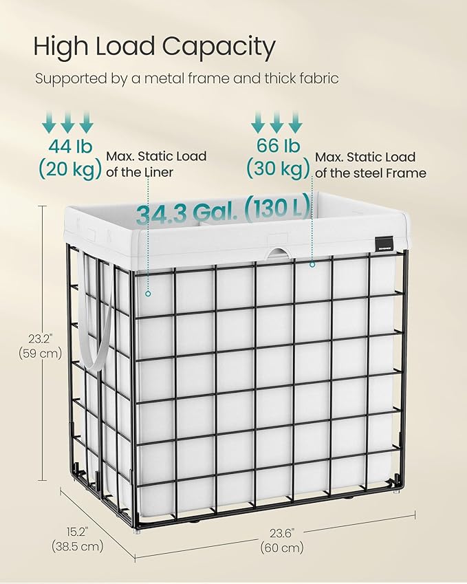 SONGMICS Laundry Hamper, 34.3 Gal. (130L) Laundry Basket, Collapsible Clothes Hamper, Removable and Washable Liner, Metal Wire Frame, for Bedroom Bathroom, Cream White ULCB113W01