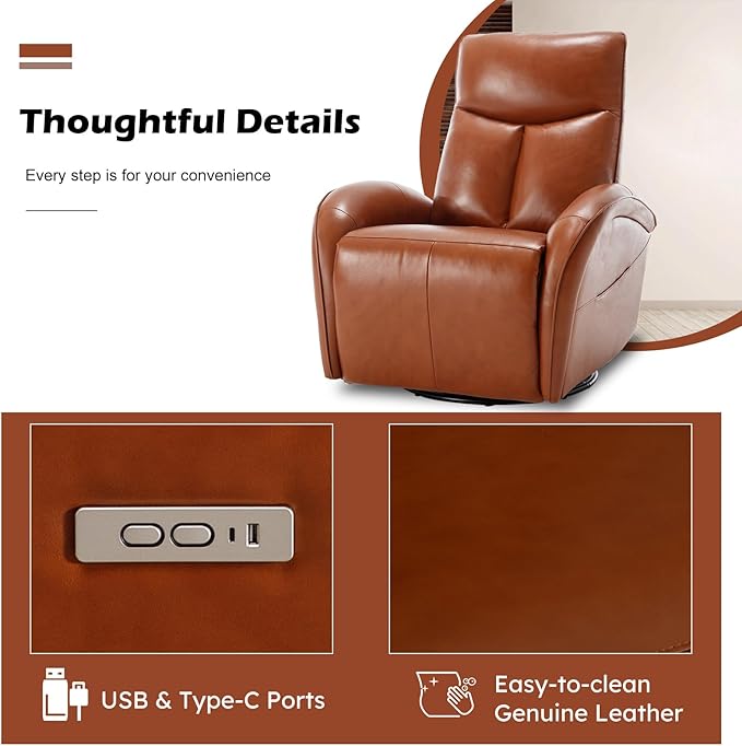 Power Rocker Recliner with 270° Swivel and 30° Rock, Genuine Leather Recliner Swivel Chair with USB and Type-C Ports, Red Brown Recliner Chairs for Adults, 22.4" Extra Wide
