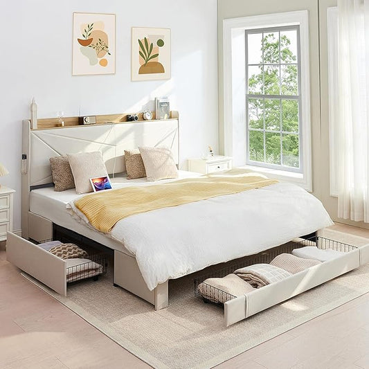 King Size Bed Frame with 3 Drawers, Upholstered King Size Bed Frame with Storage Headboard, AC USB and Type C Charge Station, Wooden Support Slats No Box Spring Needed Easy Assembly,Beige