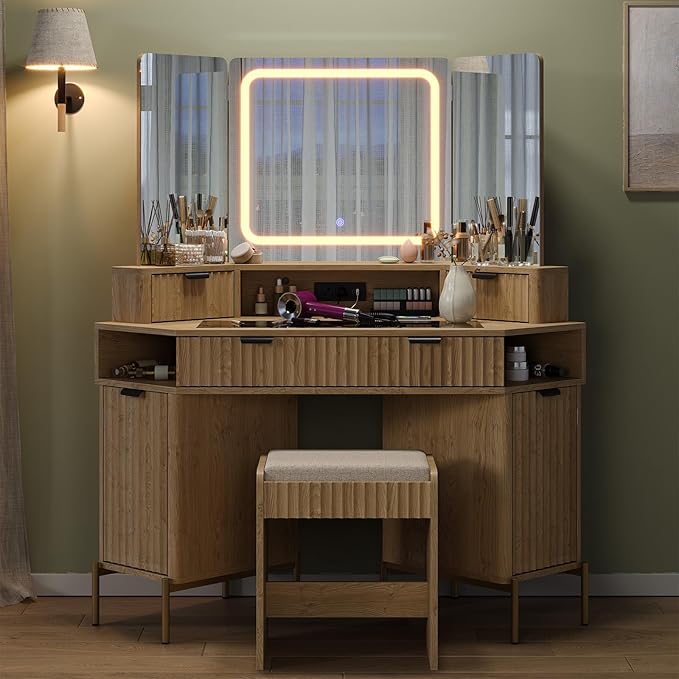 48'' Modern Vanity Desk with HD Triple Mirror & Lights,Large Corner Vanity Table with Glass Top, Charging Station,1Multifunctional Drawers & 2 Small Drawers, Dressing Table Set with 2 Cabinets, Oak