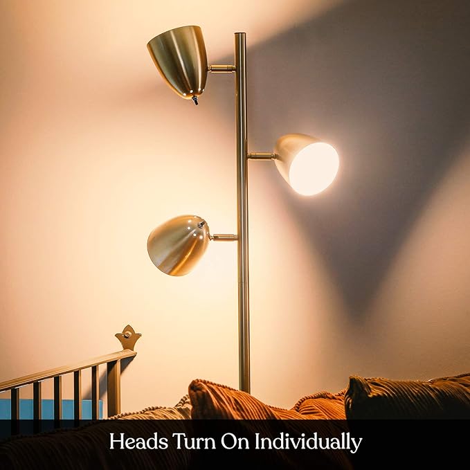 Brightech Jacob LED Standing Lamp, Modern Bright Floor Lamps for Living Rooms & Bedrooms, Tall LED Lighting Lamp with Adjustable 3 Light Tree – Antique Brass/Gold