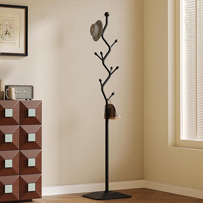Coat Rack Freestanding Metal Coat Tree with 8 Hooks, Creative Design Tree Branch-look, Standing Coat Rack Coat Hanger Stand with Stury cast iron Base for Entryway, Hallway, Bedroom (black)