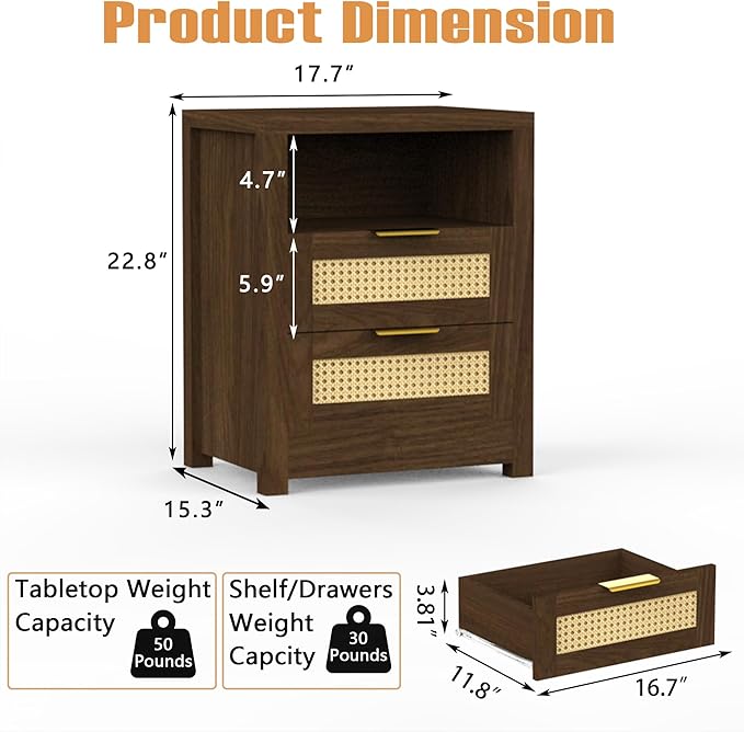 Boho 6 Drawer Dresser & 2 Nightstand Set for Bedroom, Wood Dresser with Gold Handle for Bed Room, Hallway, Brown Oak
