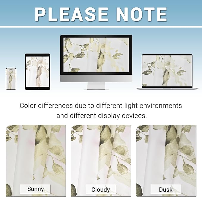 No Hook Shower Curtain with Snap in Liner - Eucalyptus Shower Curtain - Washable Waterproof Inner Liner, Plants Beige Leaves Modern Shower Curtains - Machine Washable, 71 x 74